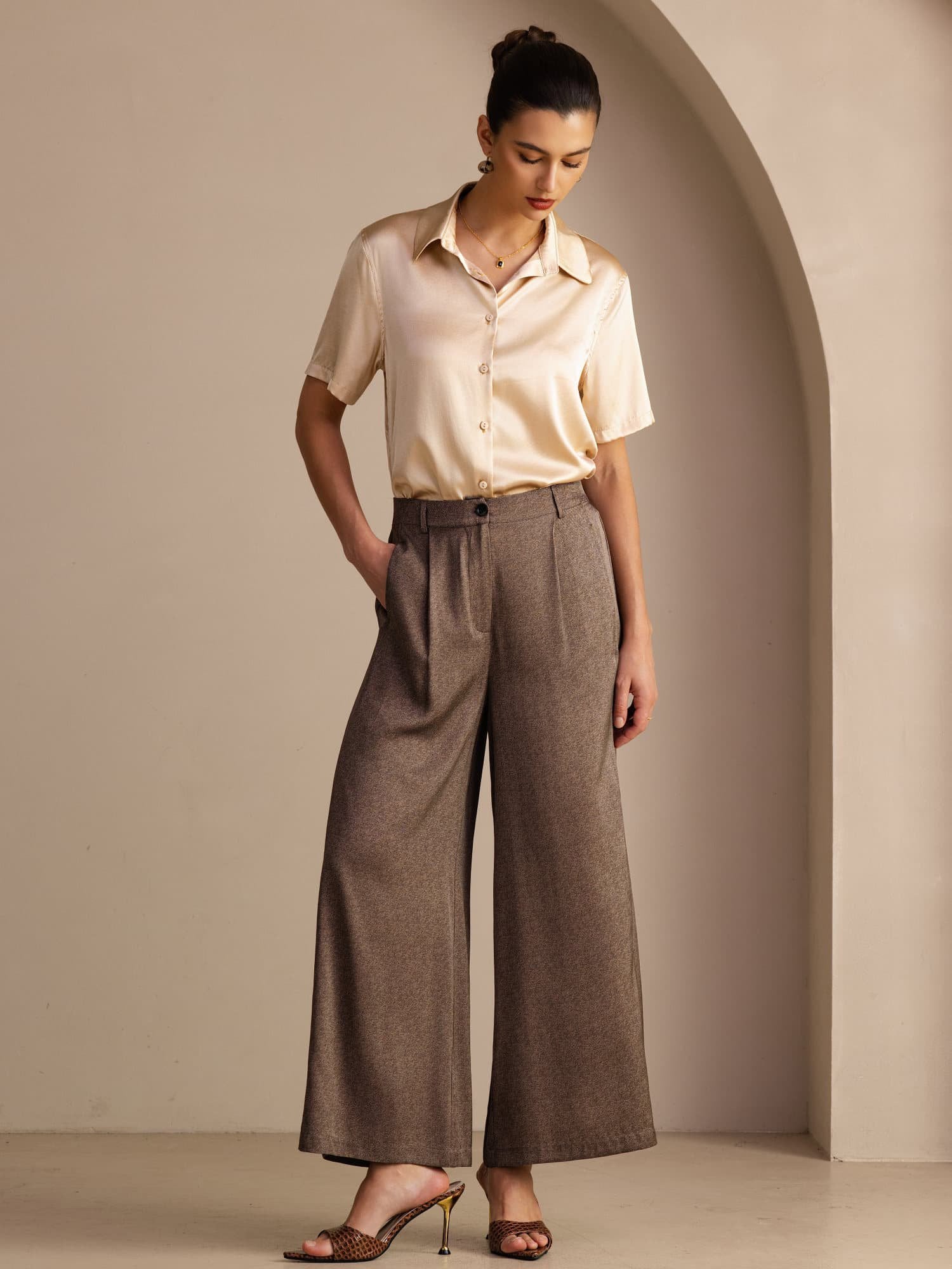 22Momme Seide Damen Hochtaillierte Weitbein Business Klassische Hose Mit Taschen