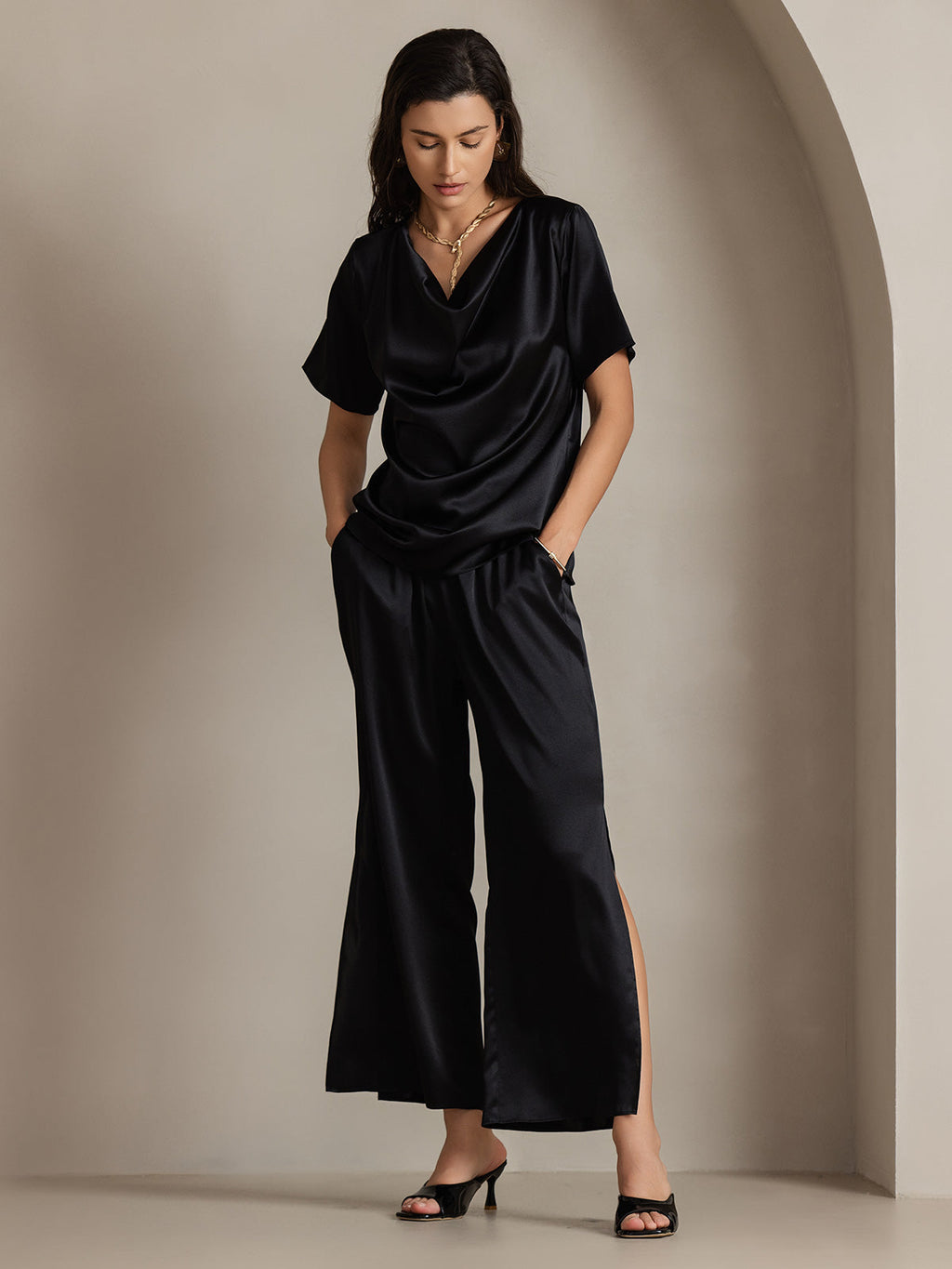 Clearance - 19Momme Modische sexy Seidenhose mit seitlichen Schlitzen