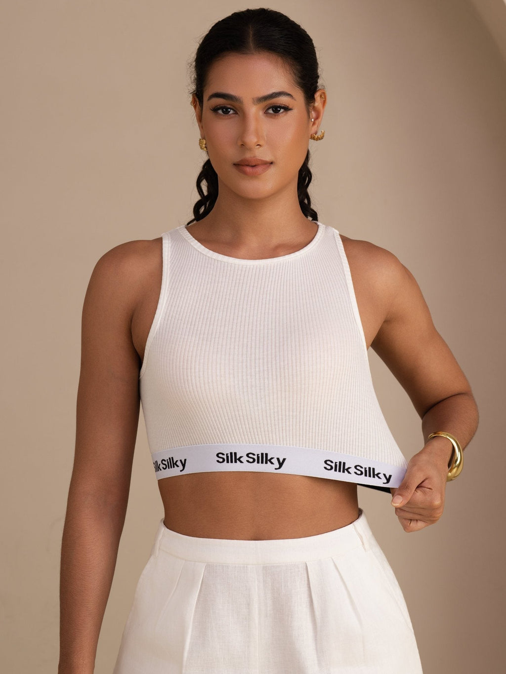 Seiden Baumwoll Sportliches Crop Tanktop Mit Elastischem Logoband