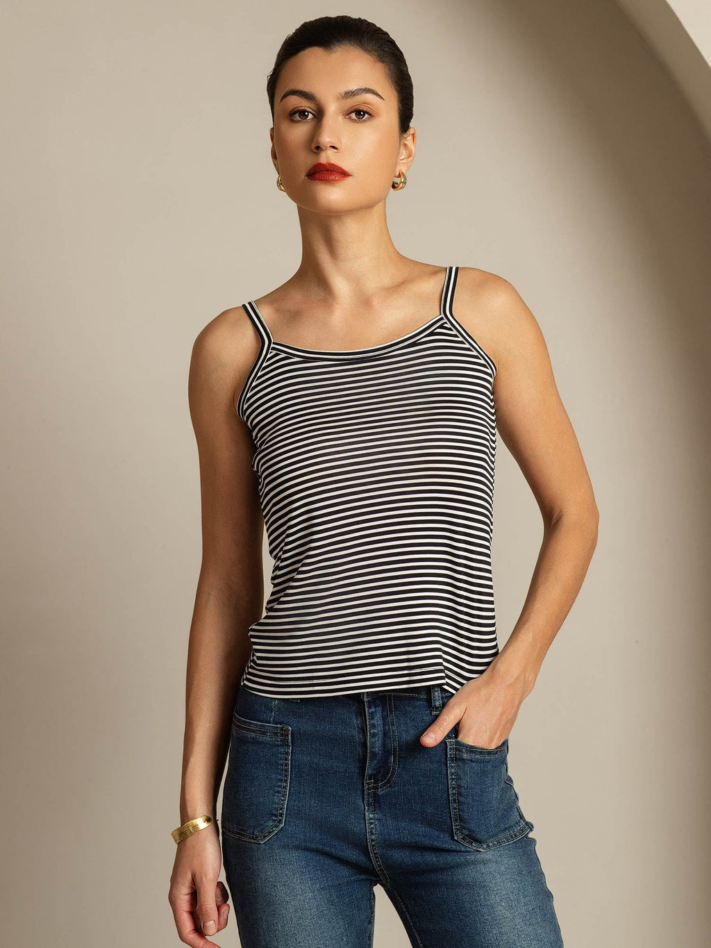 Reines Seiden Spaghettiträger Quadratischer Ausschnitt Gestreiftes Camisole Top