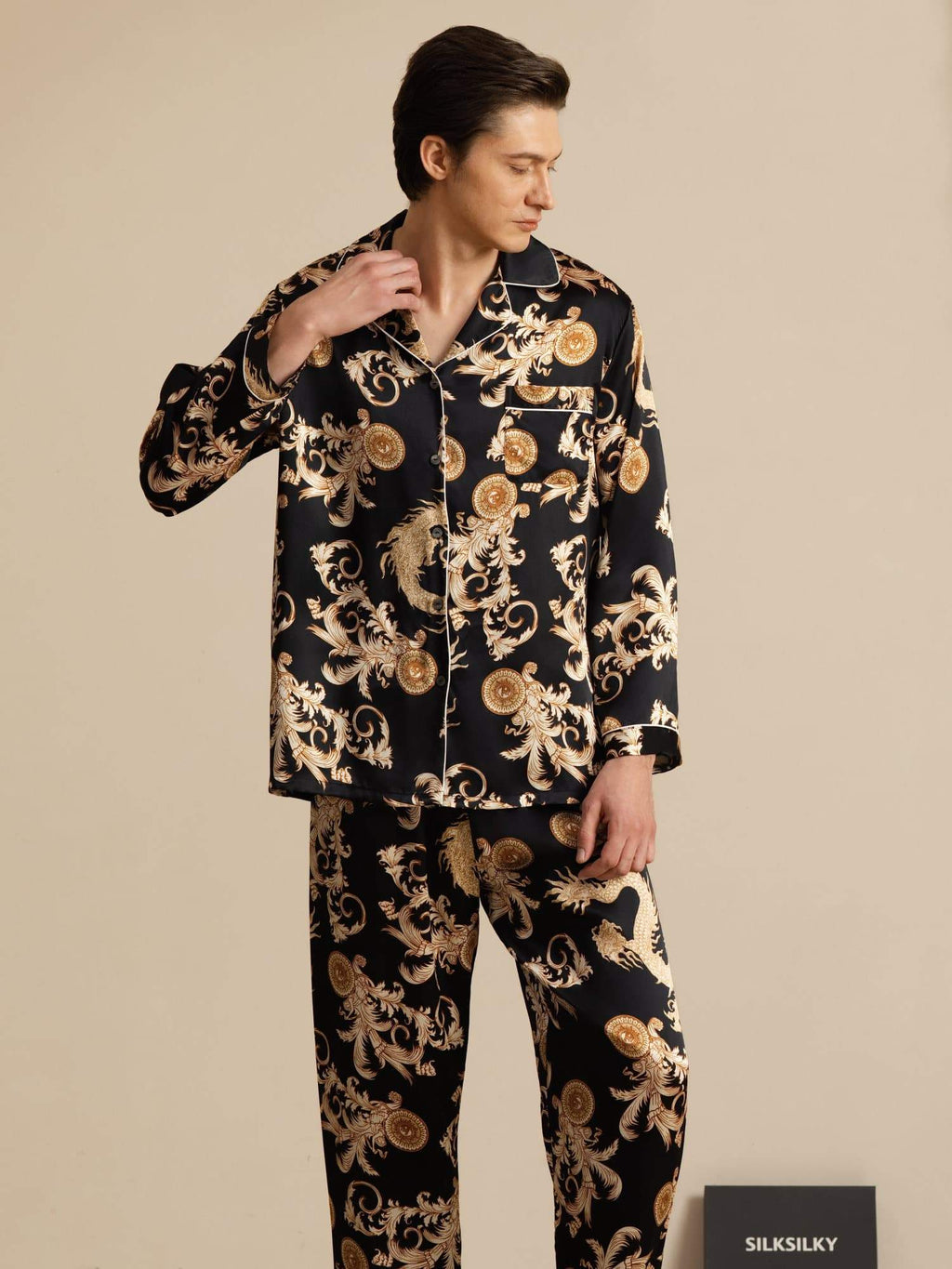 Pure Seide Herren Drachen Print Langarm Notch Kragen Pyjama Set