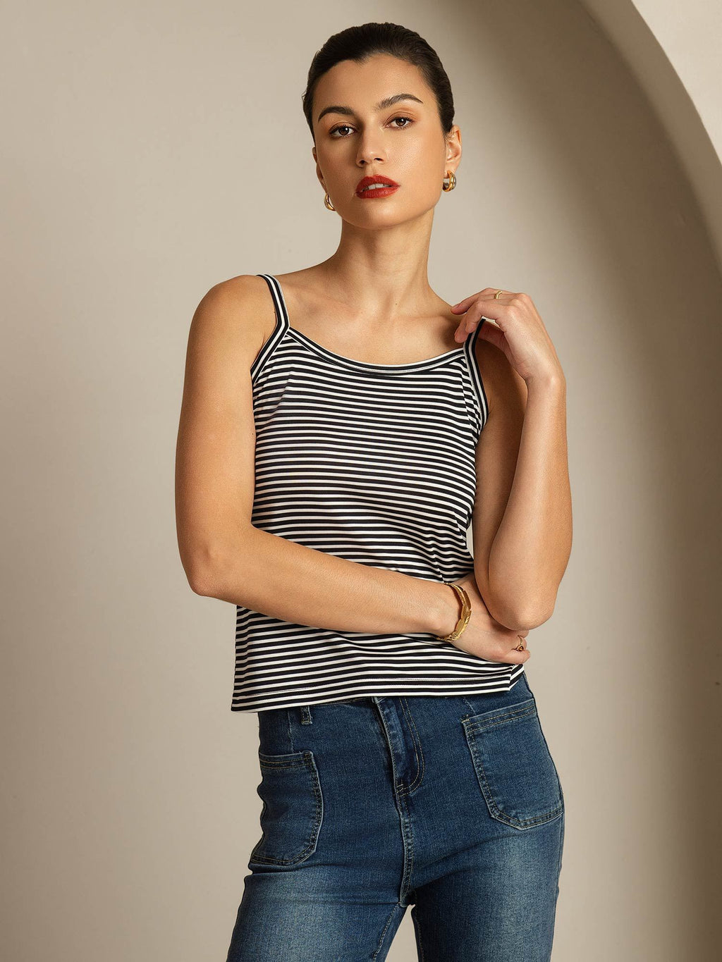 Reines Seiden Spaghettiträger Quadratischer Ausschnitt Gestreiftes Camisole Top