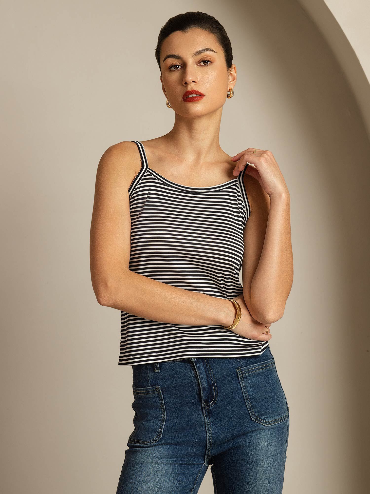 Reines Seiden Spaghettiträger Quadratischer Ausschnitt Gestreiftes Camisole Top