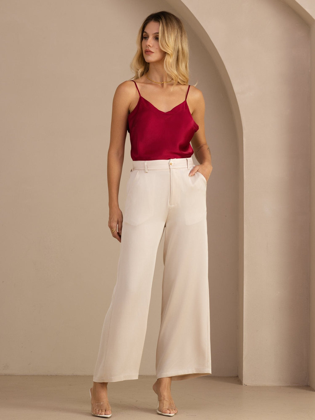 22 Momme Seide Damen Hochtaillierte Weit Bein Freizeit Hose Mit Taschen
