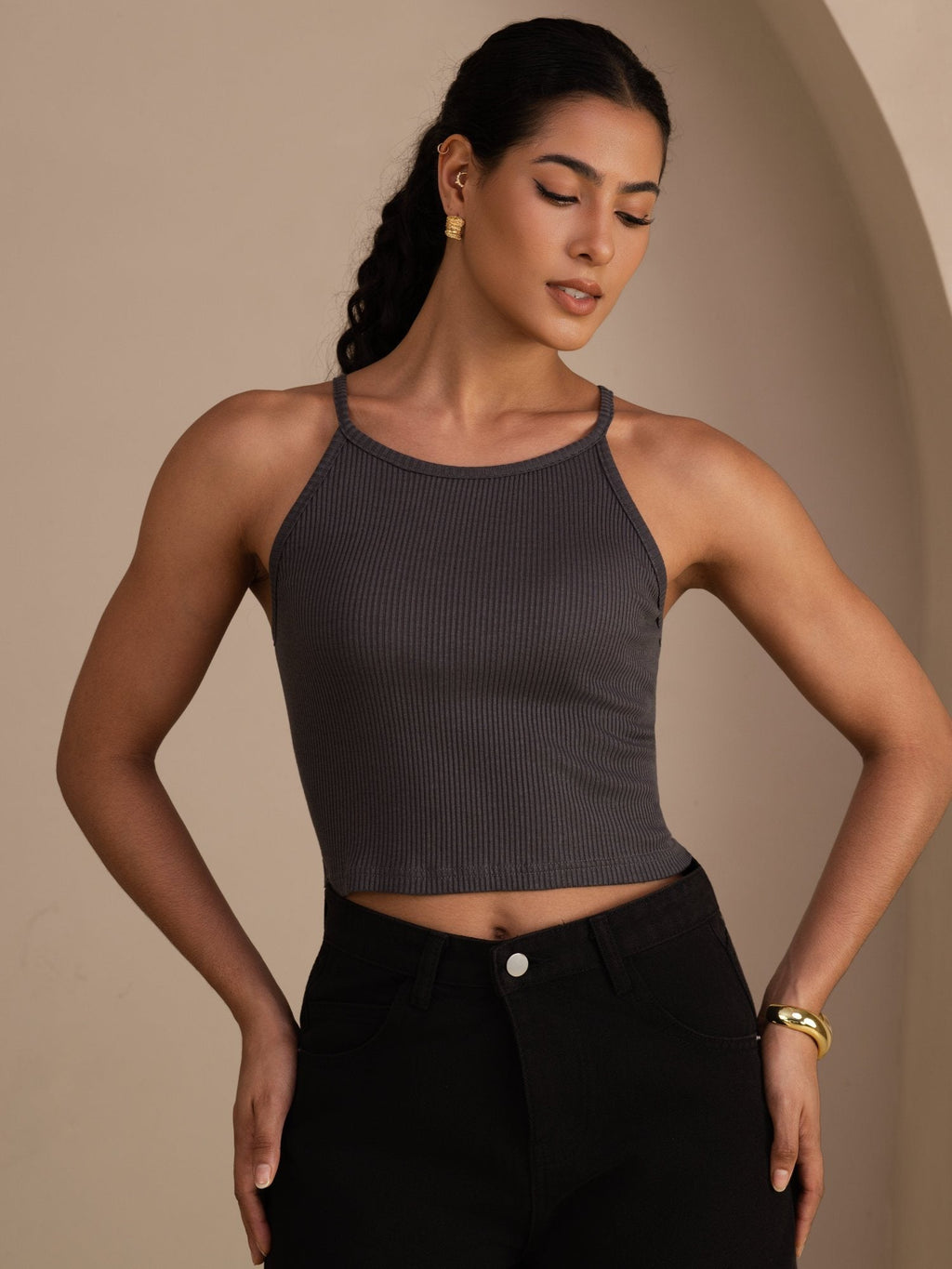 Damen Crop Tanktop Aus Seiden Baumwollmischung Mit Rundhalsausschnitt Und Ärmellosem Design