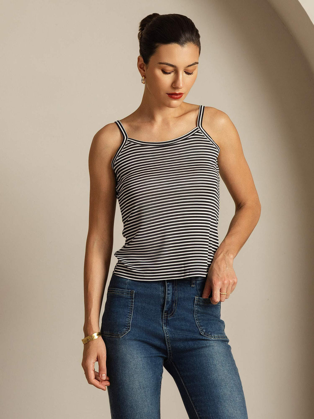 Reines Seiden Spaghettiträger Quadratischer Ausschnitt Gestreiftes Camisole Top