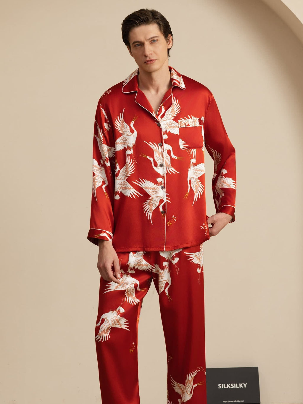 19Momme Reiner Seiden Herren Kranichdruck Langarm Notch Kragen Pyjama Set