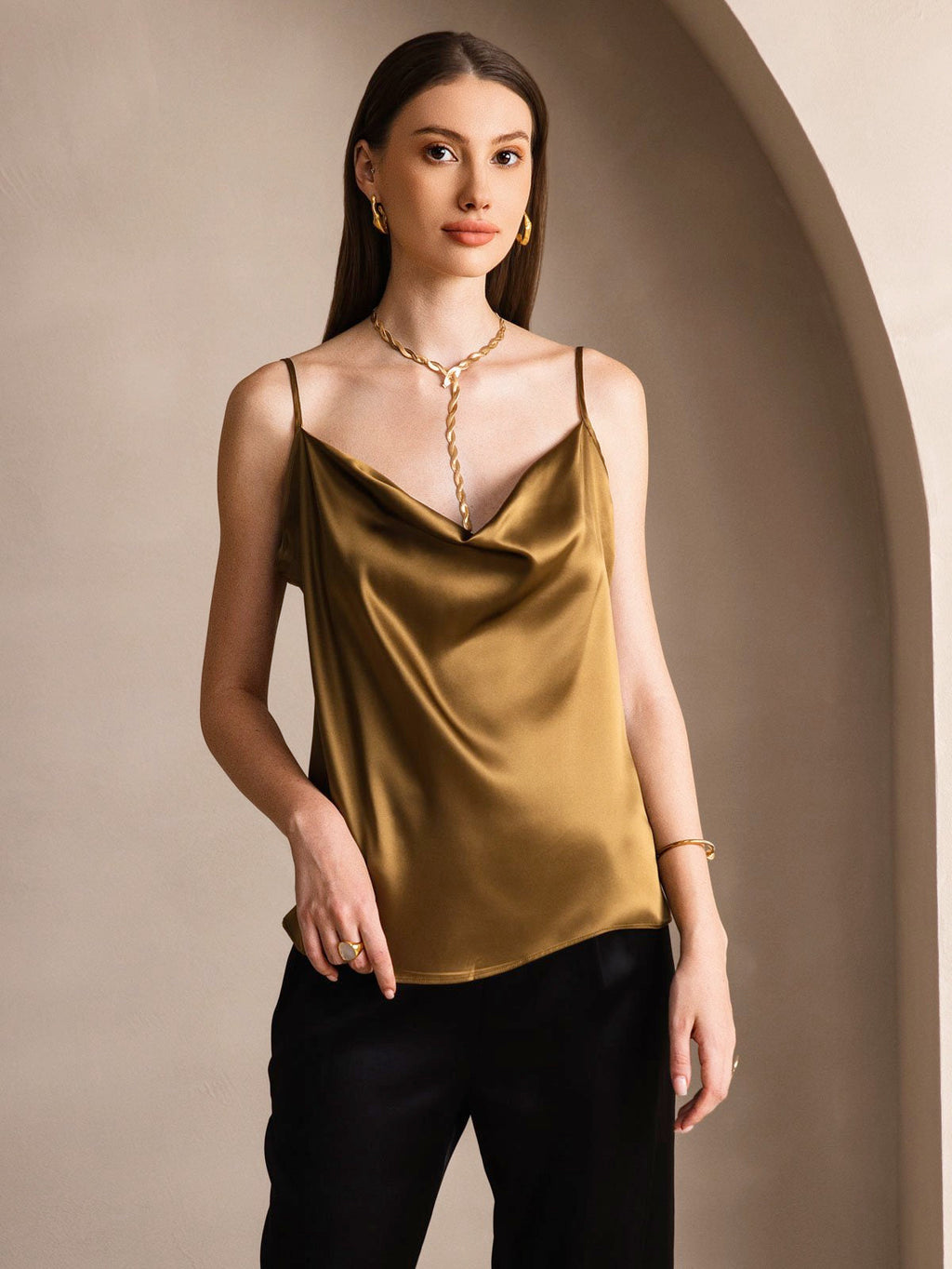 Clearance - 19Momme Seide Wasserfallkragen Spaghettitr?ger Camisole Oberteil