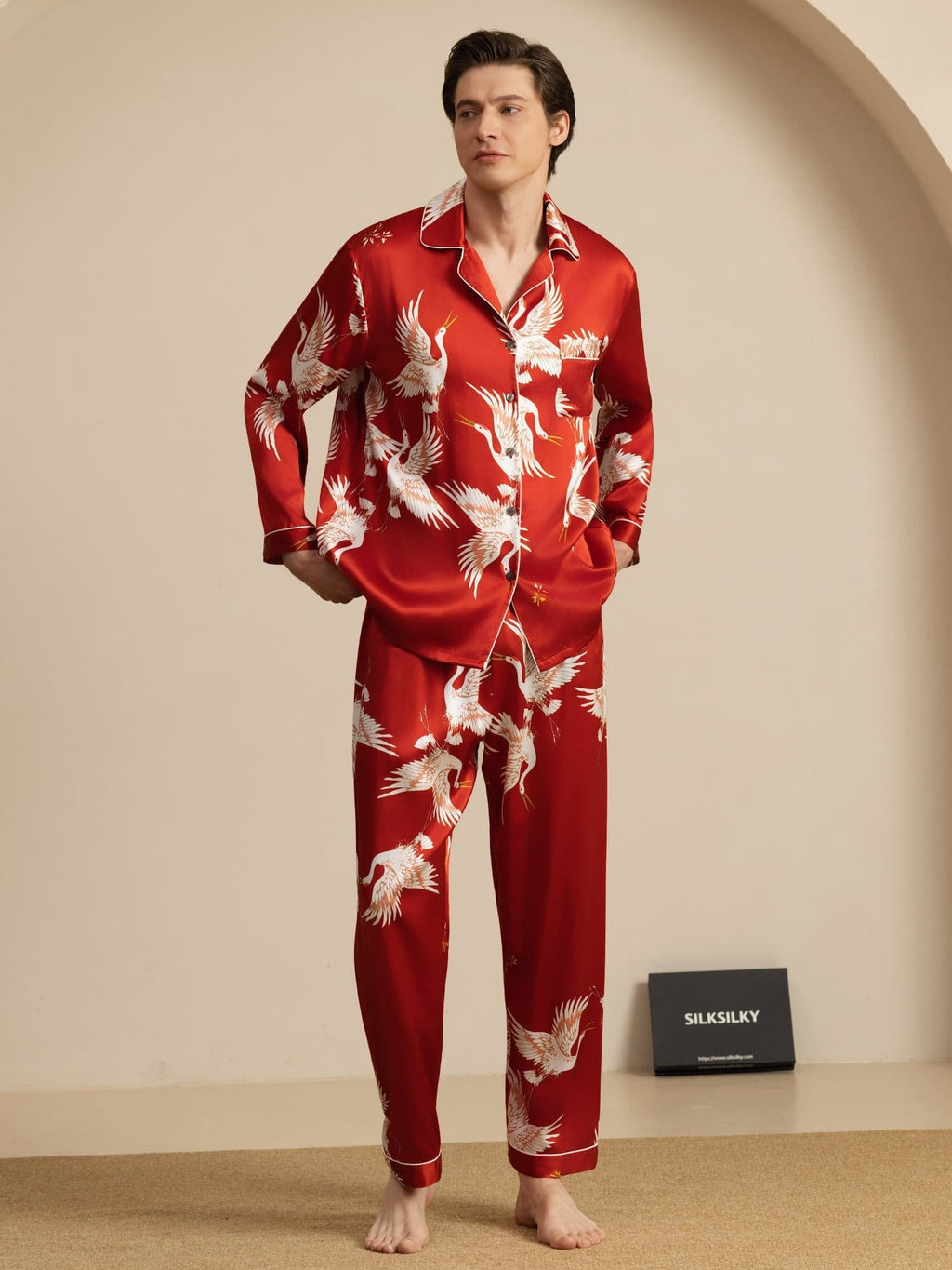 19Momme Reiner Seiden Herren Kranichdruck Langarm Notch Kragen Pyjama Set