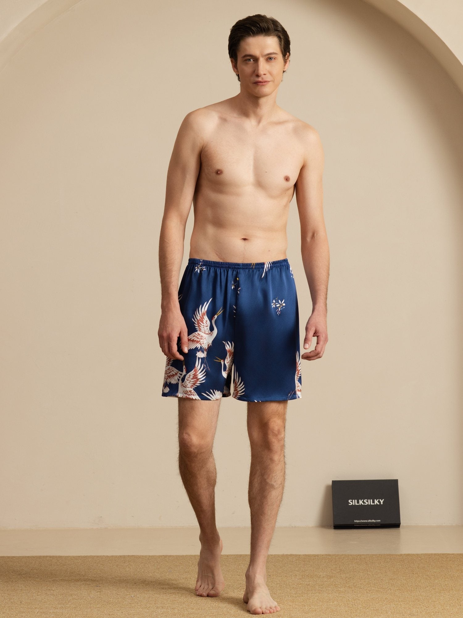 19Momme Reine Seide Herren Kranich Druck Elastischer Taillen Schlaf Shorts