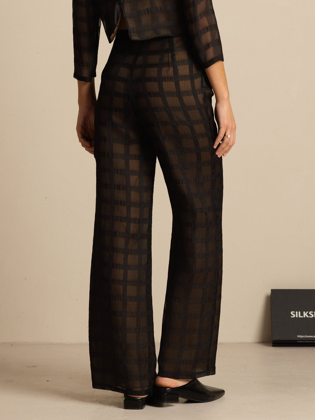 Clearance - Reine Seide Damen High-Waist Strukturierte Gitter Wide-Leg Hose Mit Taschen