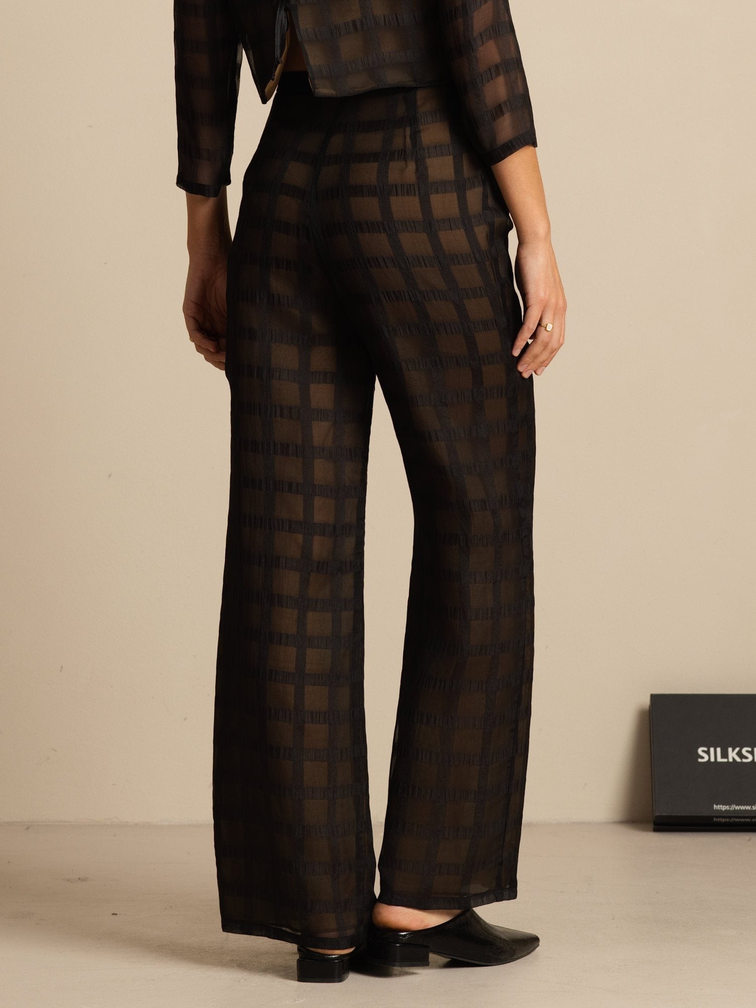Clearance - Reine Seide Damen High-Waist Strukturierte Gitter Wide-Leg Hose Mit Taschen
