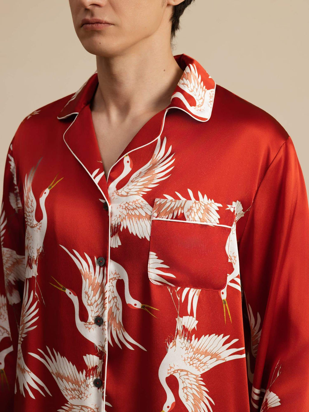 19Momme Reiner Seiden Herren Kranichdruck Langarm Notch Kragen Pyjama Set