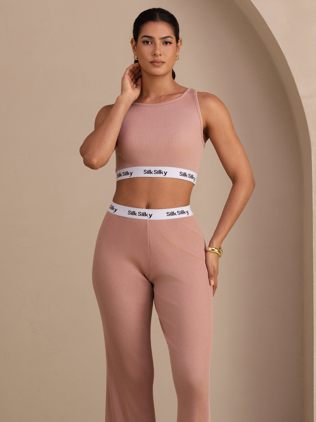 Seiden Baumwoll Sportliches Crop Tanktop Und Gerade Bein Lange Hose Set