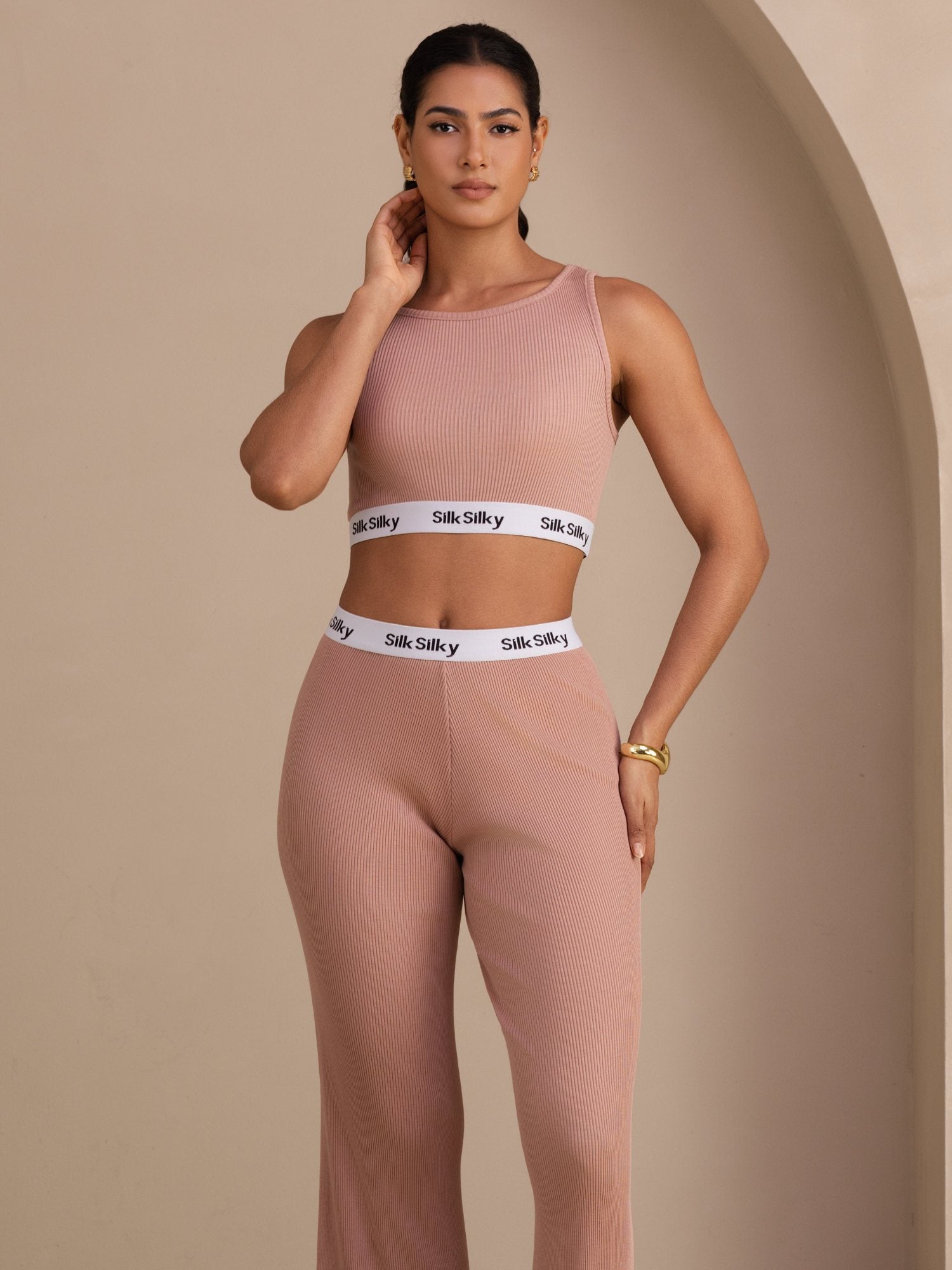 Seiden Baumwoll Sportliches Crop Tanktop Und Gerade Bein Lange Hose Set