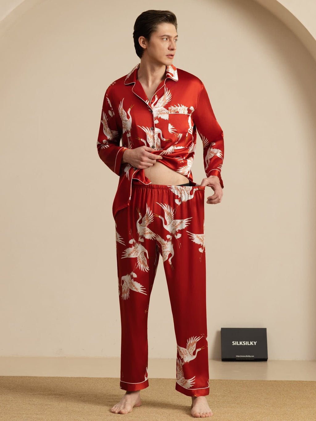 19Momme Reiner Seiden Herren Kranichdruck Langarm Notch Kragen Pyjama Set