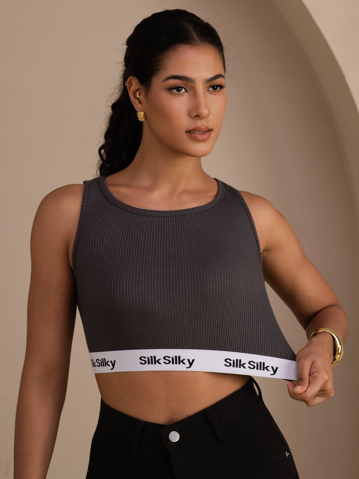 Seiden Baumwoll Sportliches Crop Tanktop Mit Elastischem Logoband