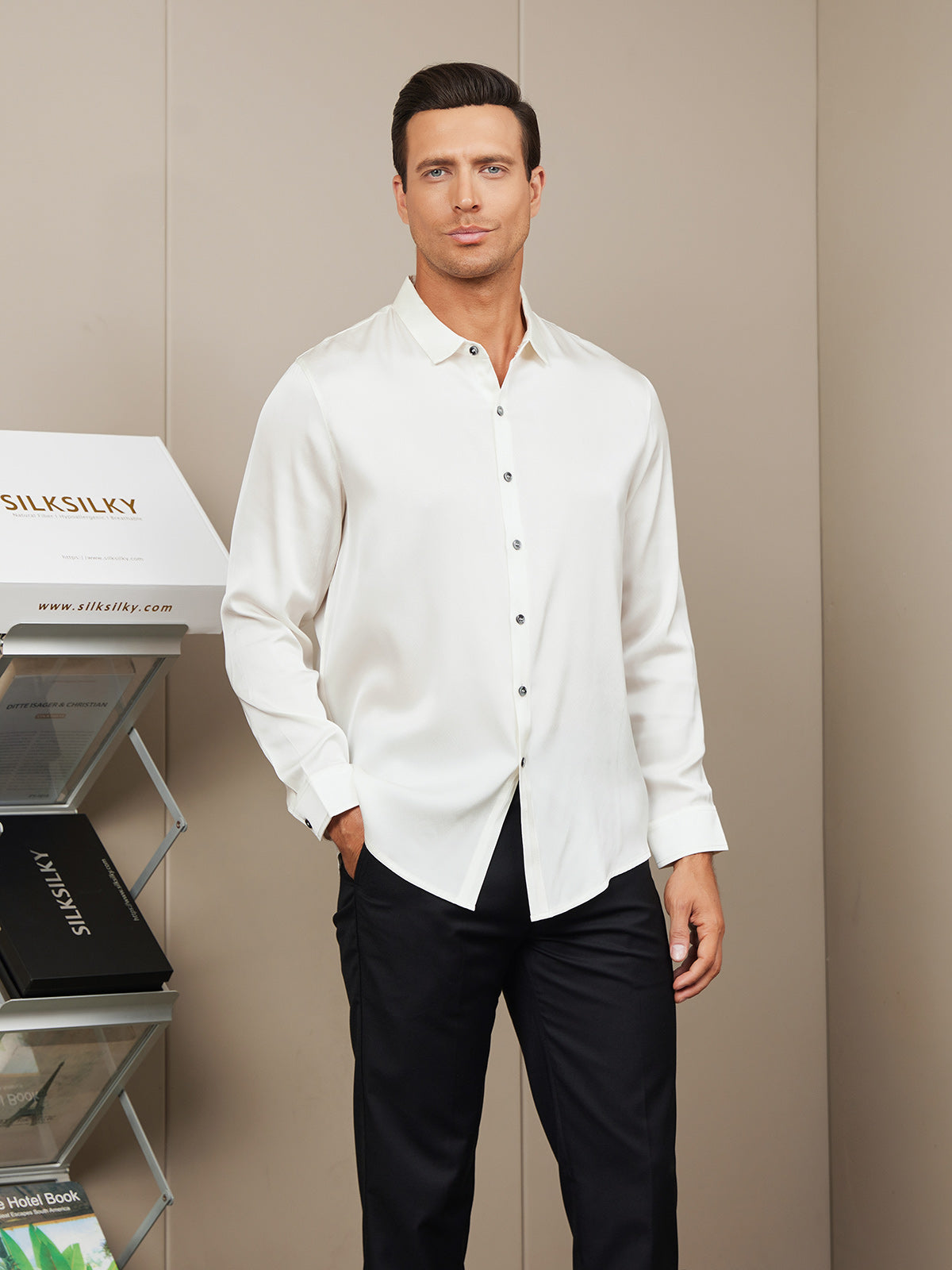 Liquidación - Camisa clásica de seda para hombre de manga larga.