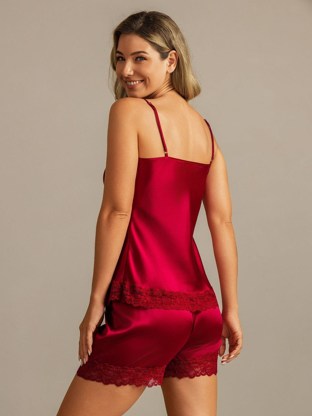 Reine Seide Spitzenbesatz Spaghettiträger V Ausschnitt Sexy Camisole Set