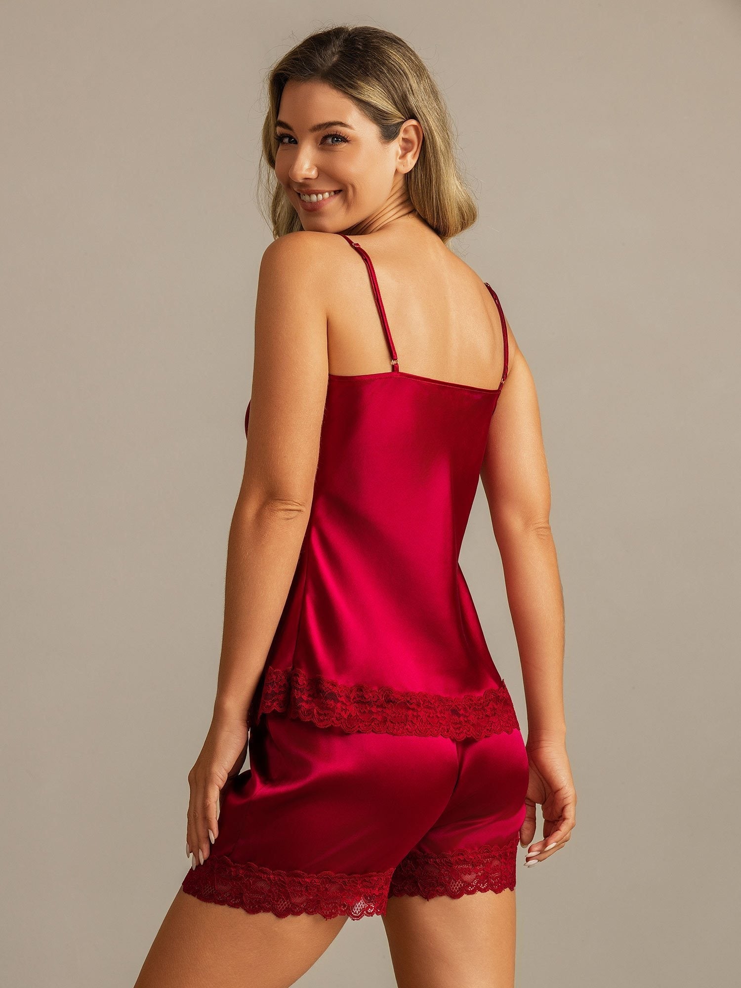 Reine Seide Spitzenbesatz Spaghettiträger V Ausschnitt Sexy Camisole Set