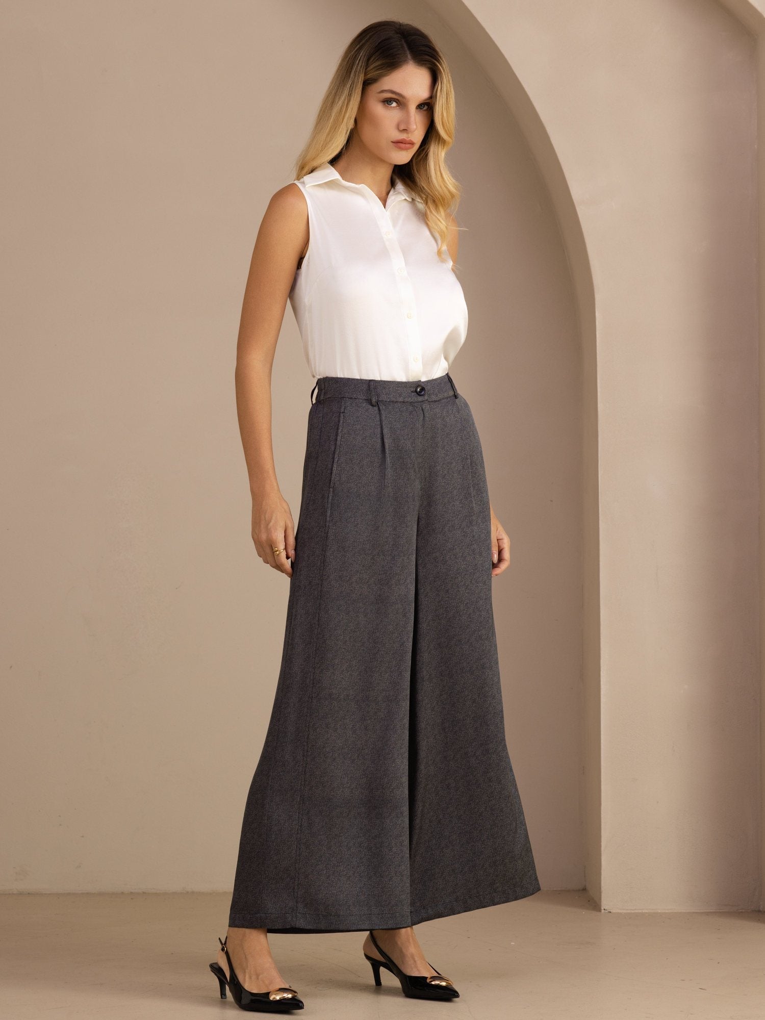22Momme Seide Damen Hochtaillierte Weitbein Business Klassische Hose Mit Taschen