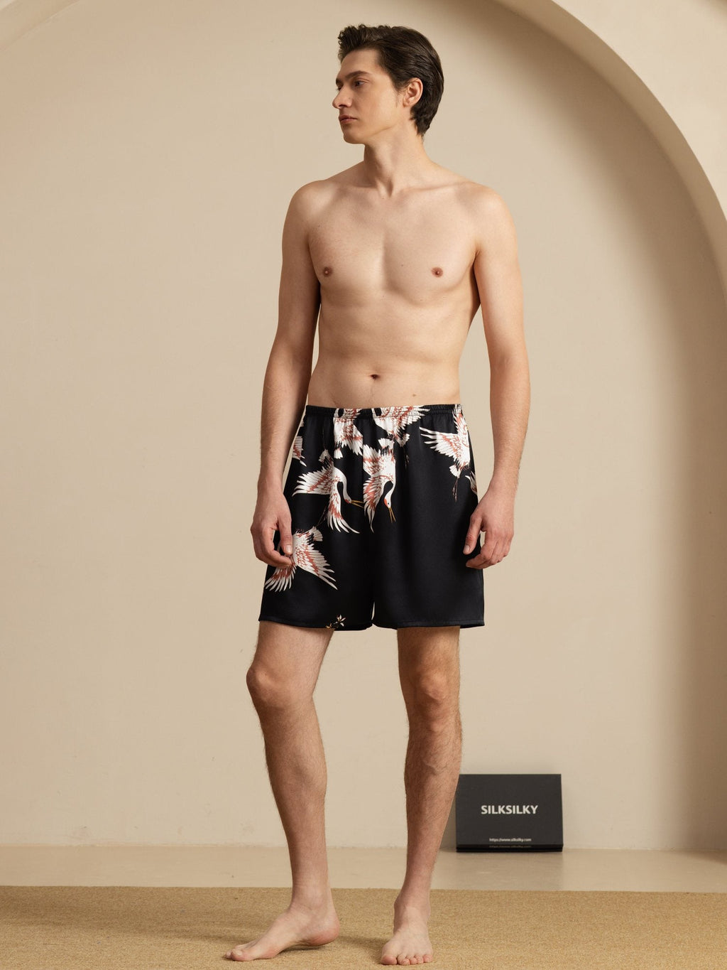 19Momme Reine Seide Herren Kranich Druck Elastischer Taillen Schlaf Shorts