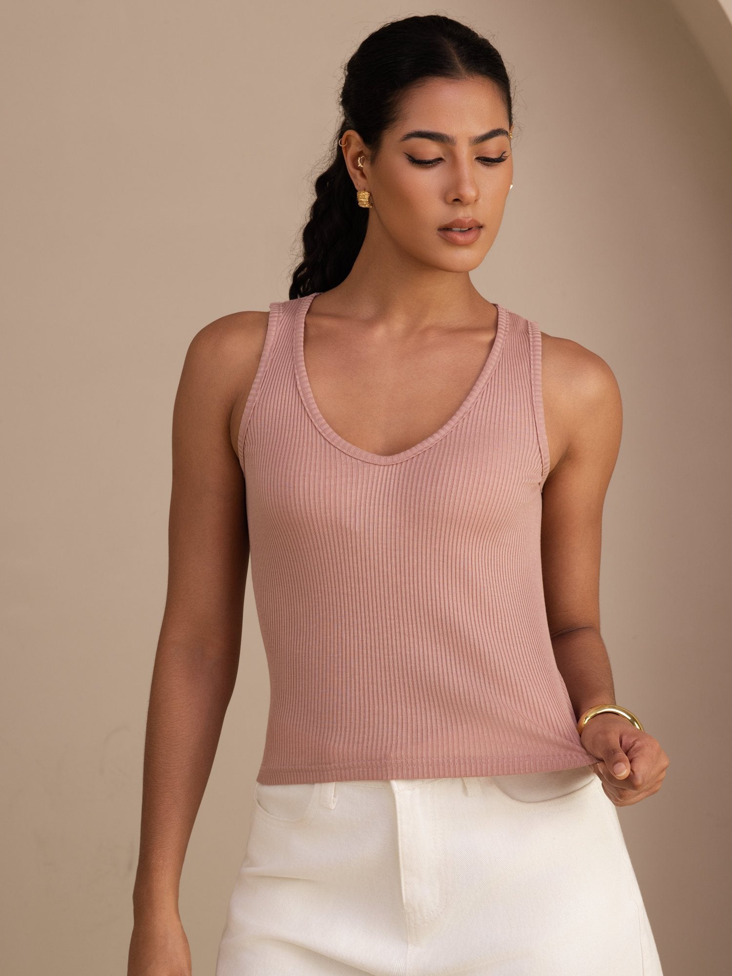 Damen Tanktop Aus Seiden Baumwollmischung Mit Tiefem V Ausschnitt Und Ärmellosem Design