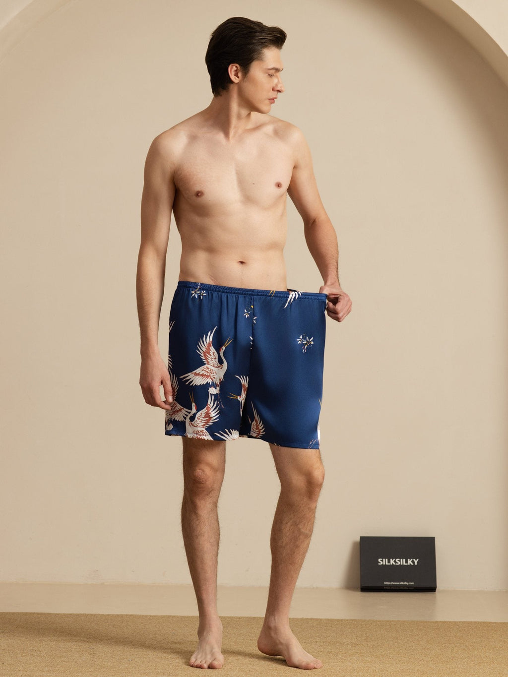 19Momme Reine Seide Herren Kranich Druck Elastischer Taillen Schlaf Shorts