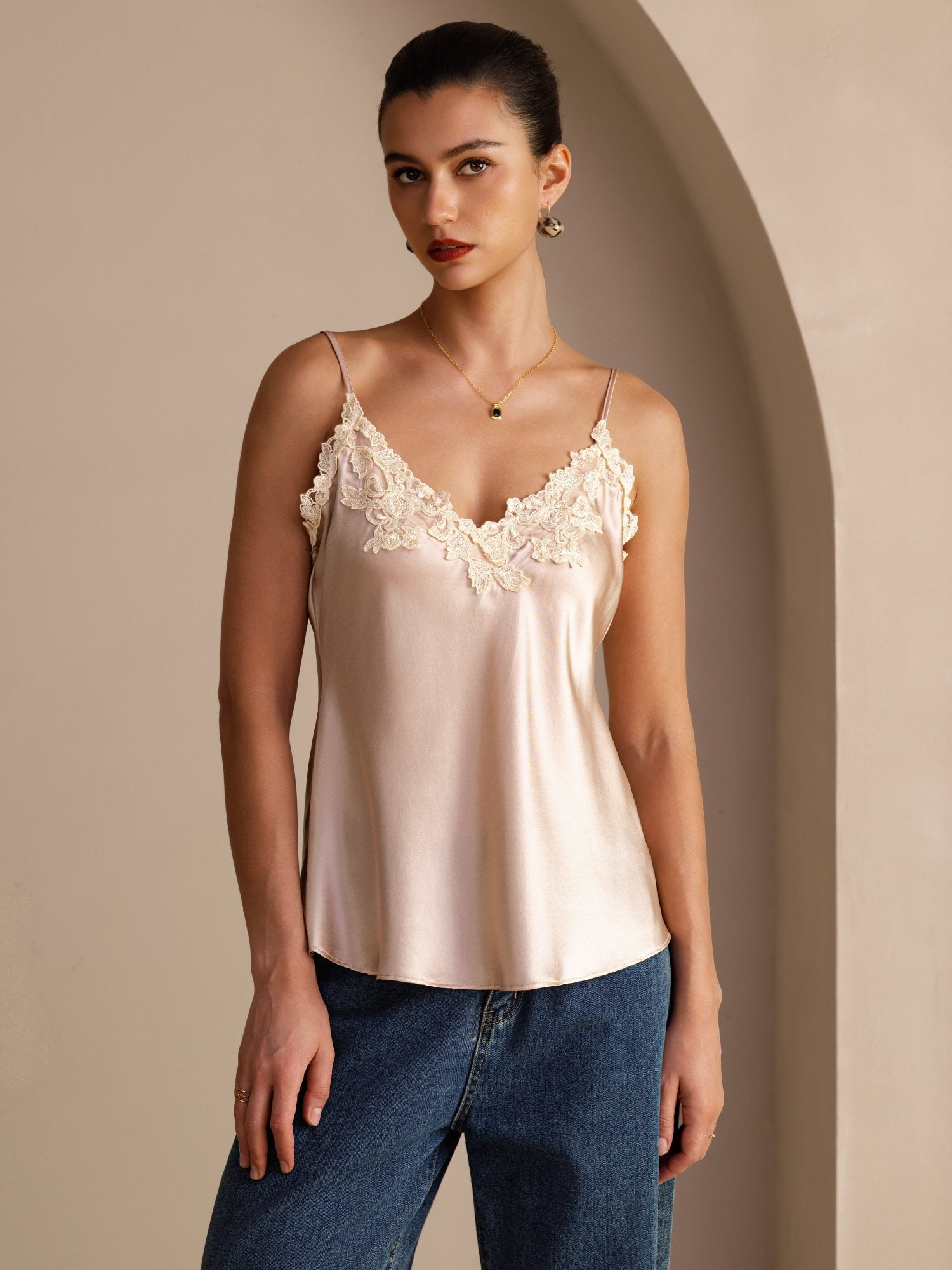 100 Prozent Maulbeerseide Spaghettiträger V Ausschnitt Spitzen Camisole Top