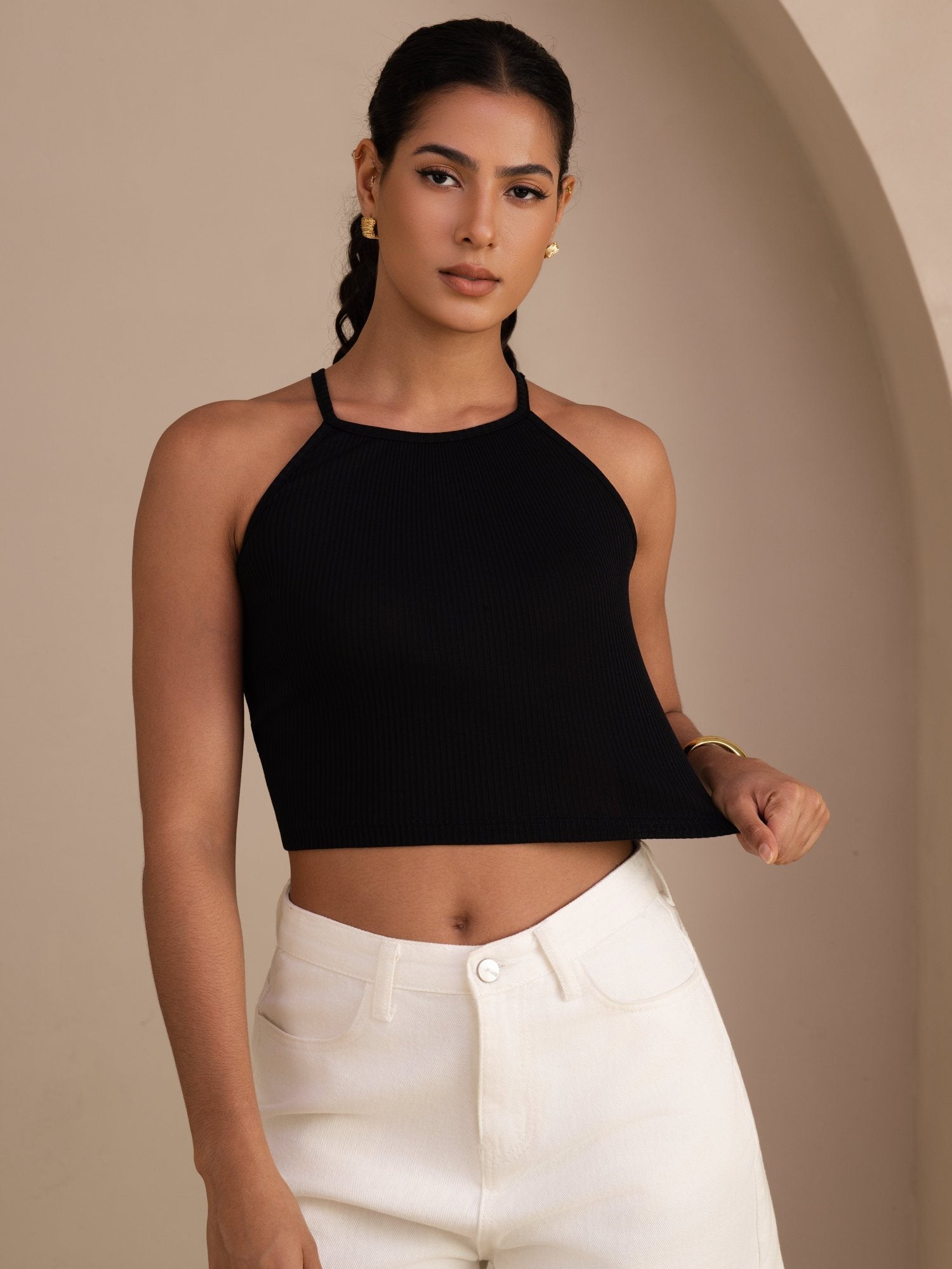 Damen Crop Tanktop Aus Seiden Baumwollmischung Mit Rundhalsausschnitt Und Ärmellosem Design