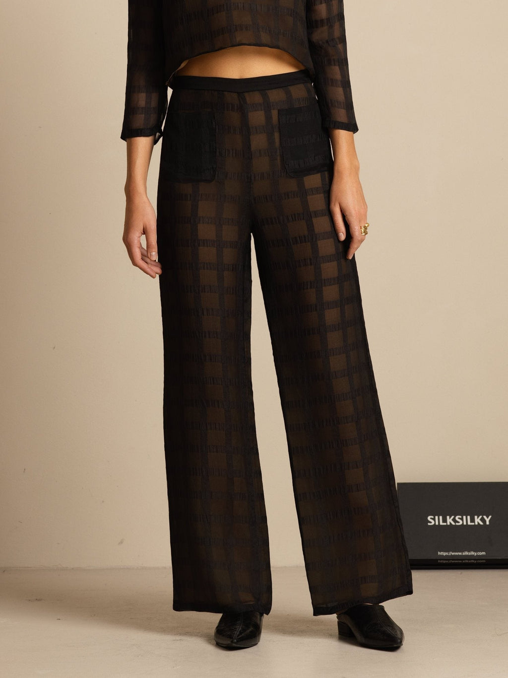 Clearance - Reine Seide Damen High-Waist Strukturierte Gitter Wide-Leg Hose Mit Taschen