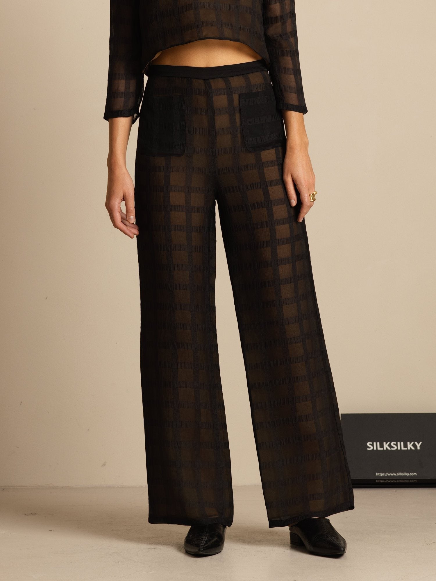 Clearance - Reine Seide Damen High-Waist Strukturierte Gitter Wide-Leg Hose Mit Taschen