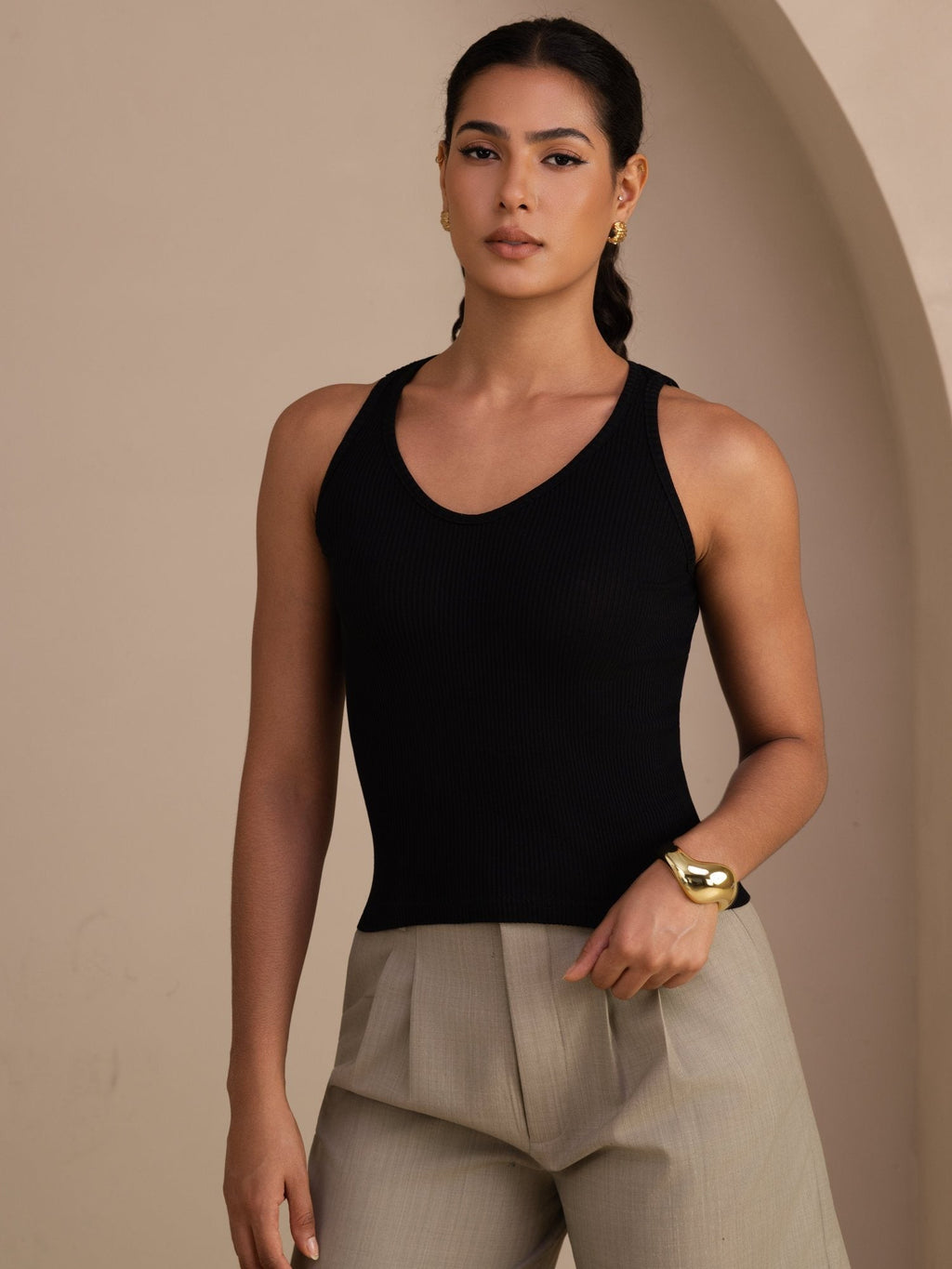 Damen Tanktop Aus Seiden Baumwollmischung Mit Tiefem V Ausschnitt Und Ärmellosem Design