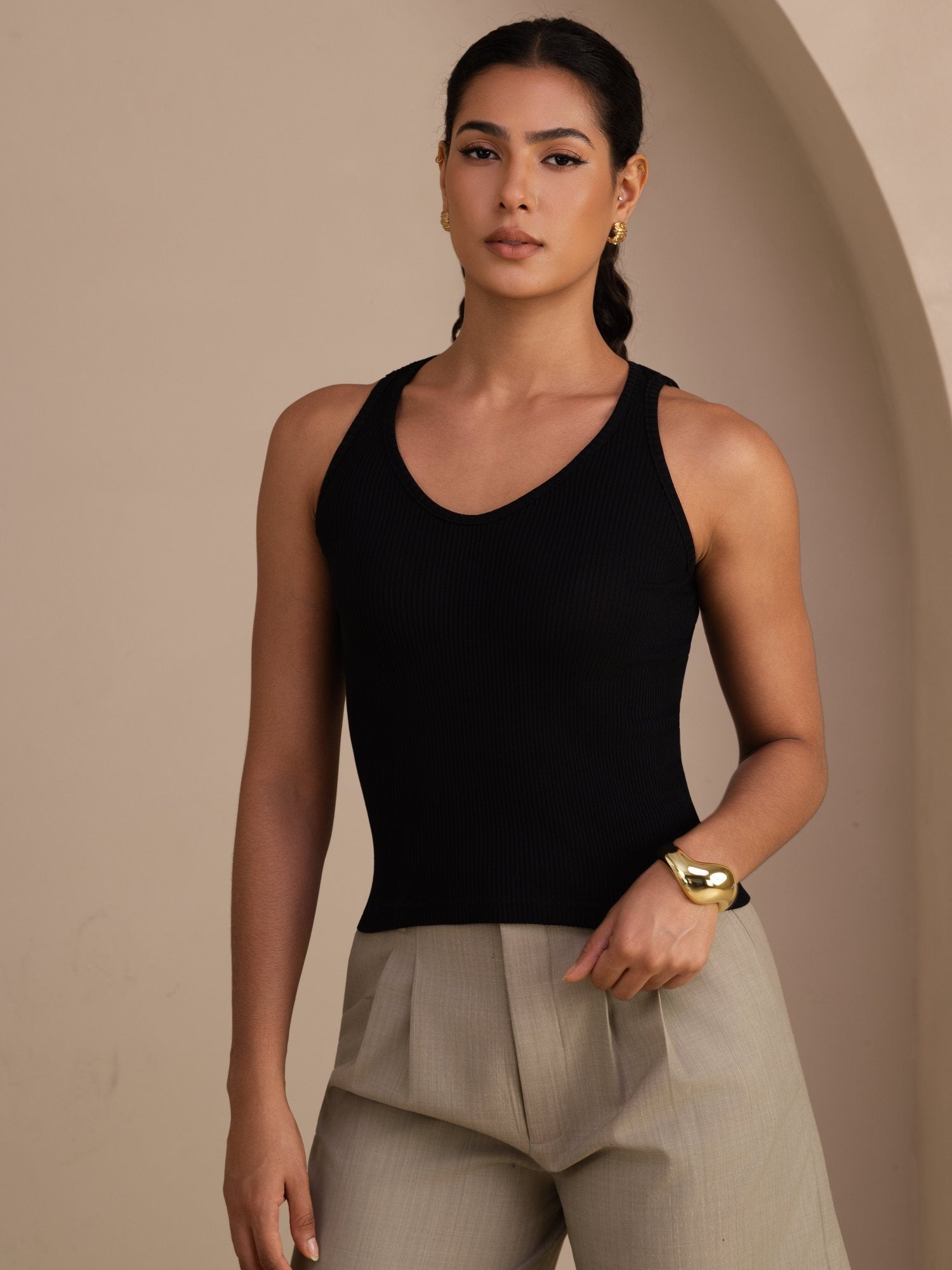 Damen Tanktop Aus Seiden Baumwollmischung Mit Tiefem V Ausschnitt Und Ärmellosem Design