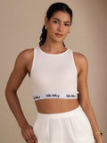 Seiden Baumwoll Sportliches Crop Tanktop Mit Elastischem Logoband