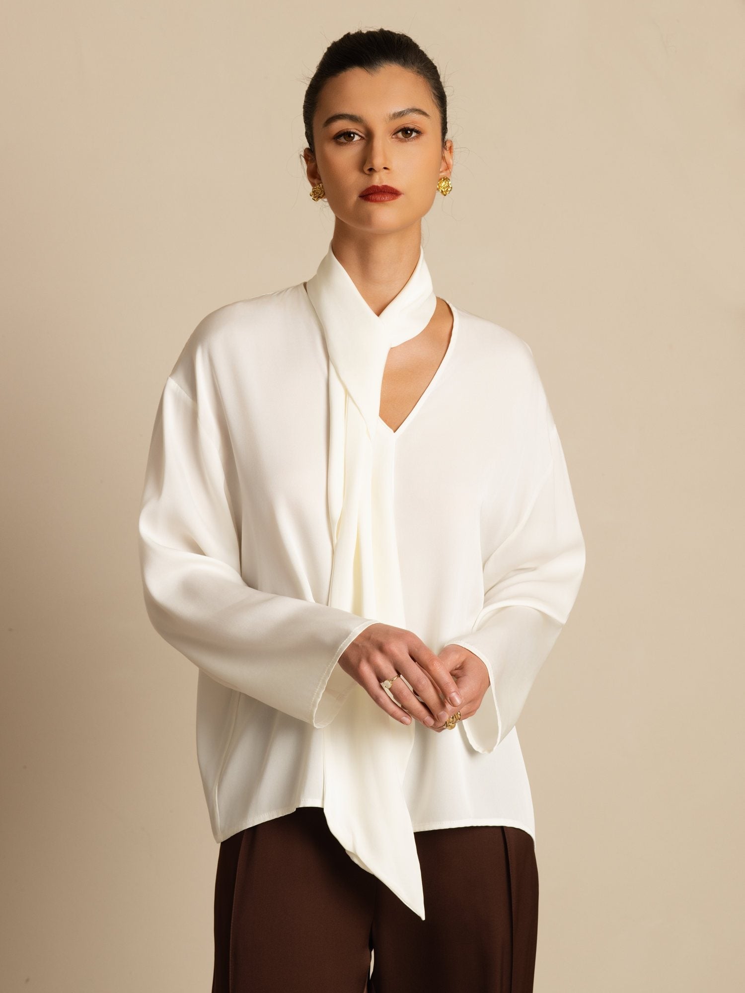 Clearance - 19Momme Seide Damen Asymmetrische Bindung V-Ausschnitt Bluse