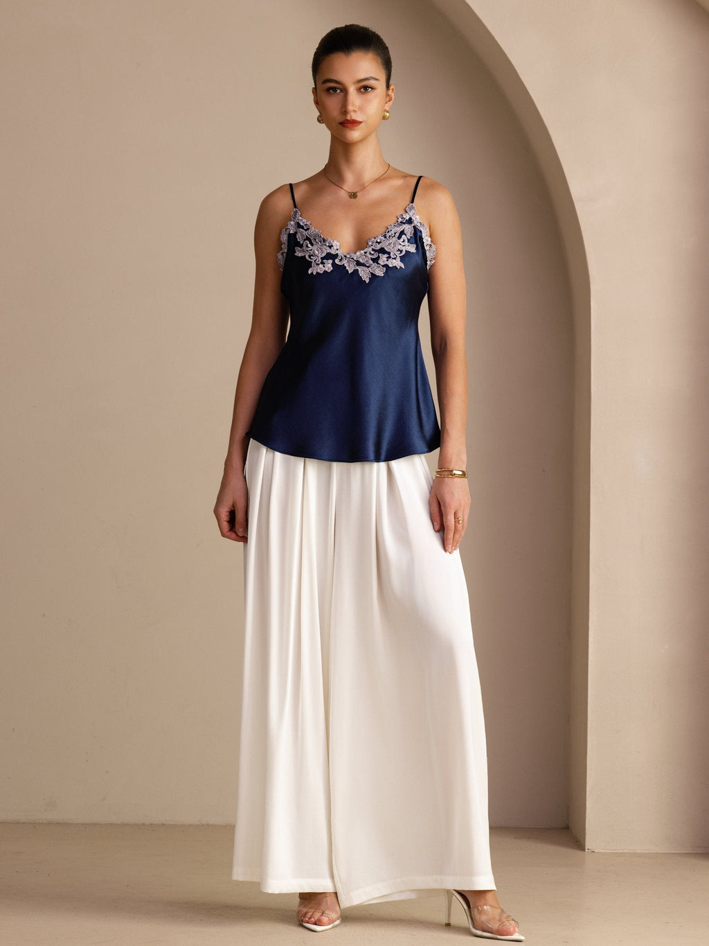 100 Prozent Maulbeerseide Spaghettiträger V Ausschnitt Spitzen Camisole Top