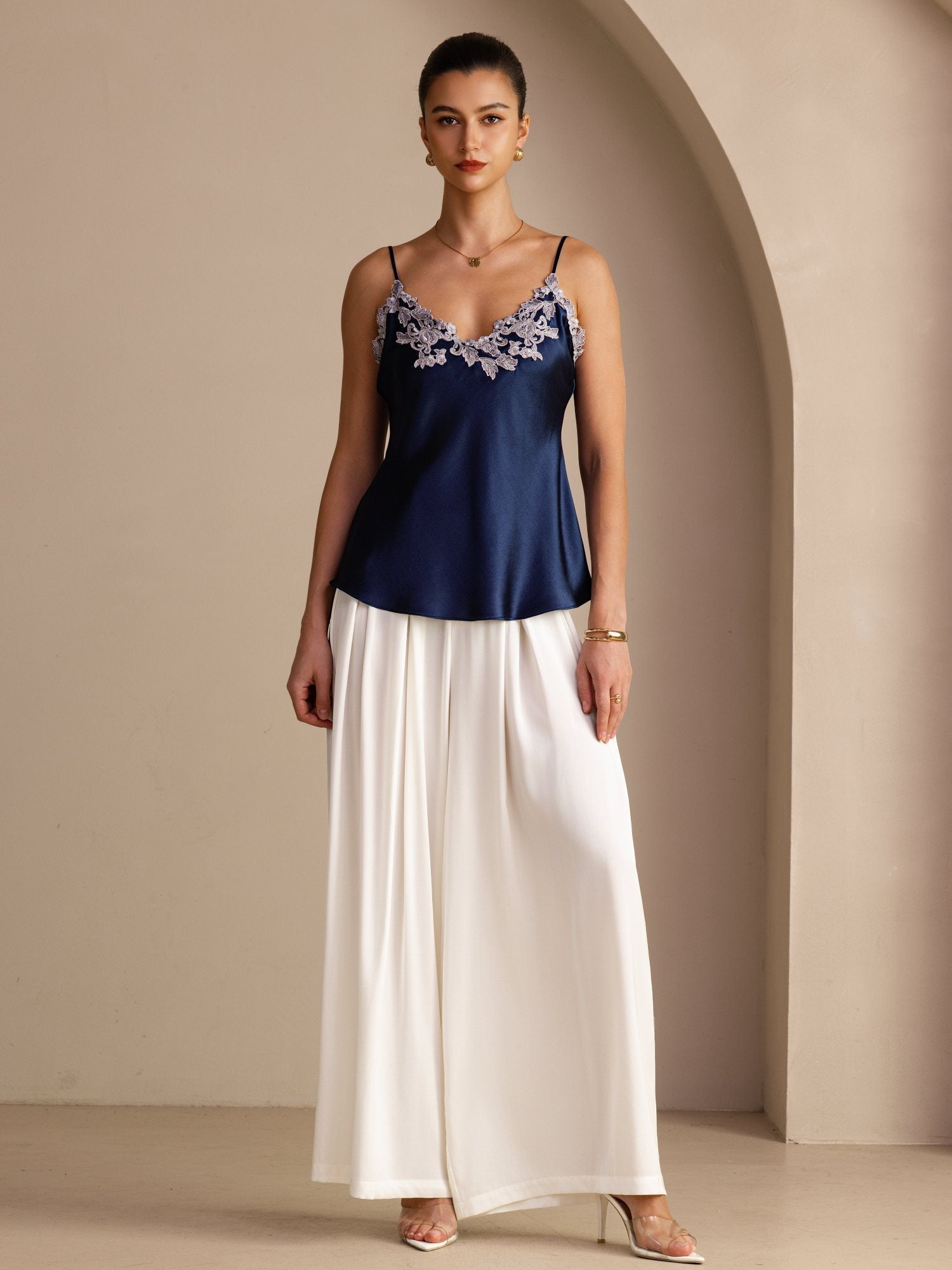 100 Prozent Maulbeerseide Spaghettiträger V Ausschnitt Spitzen Camisole Top